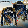 Maxcorners Fishing Blue Wave Gold Pattern Design Sun Protection Personalized Name, Team Name Long Sleeve Shirt