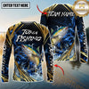 Maxcorners Fishing Blue Wave Gold Pattern Design Sun Protection Personalized Name, Team Name Long Sleeve Shirt