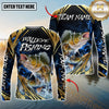 Maxcorners Fishing Blue Wave Gold Pattern Design Sun Protection Personalized Name, Team Name Long Sleeve Shirt