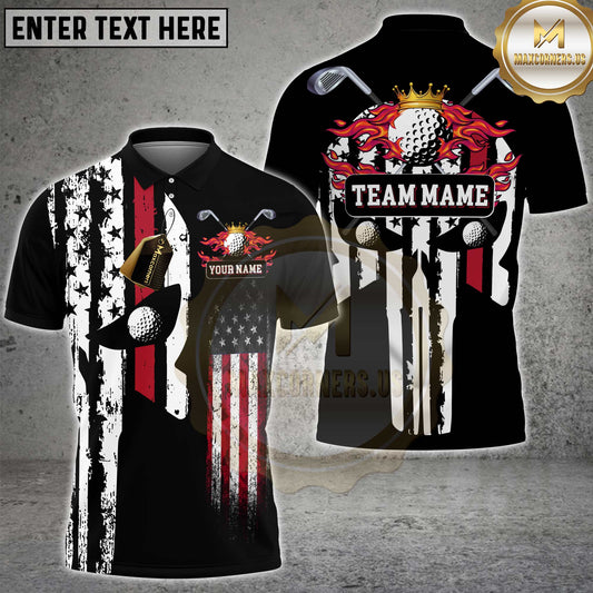 Maxcorners Golf Shirt American Flag Punisher Flaming Golf Ball Clubs Personalized Name Team Name 3D Shirt