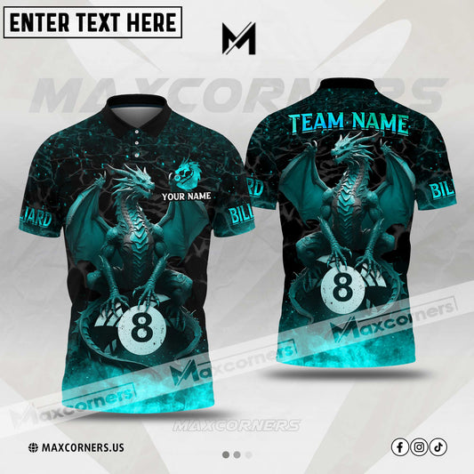 Maxcorners Billiard Dragon Flame Ball 8 Magma Pattern Multicolor Options Personalized Name, Team Name 3D Polo Shirt (4 Colors)