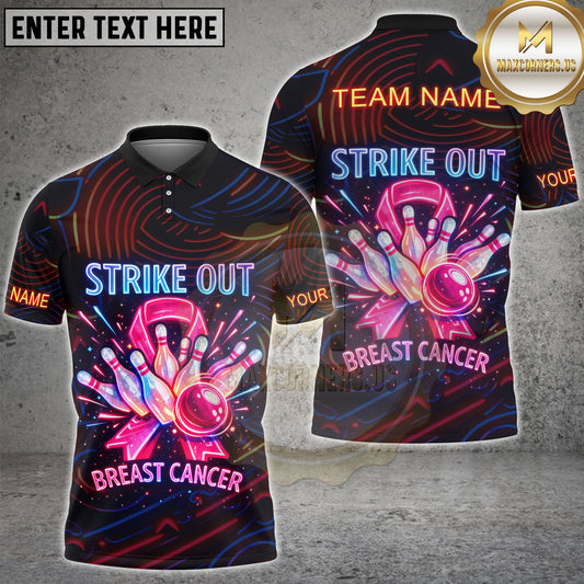 Maxcorners Bowling Breast Cancer Awareness Strike Pink Ribbon Neon Personalized Name, Team Name 3D Shirt