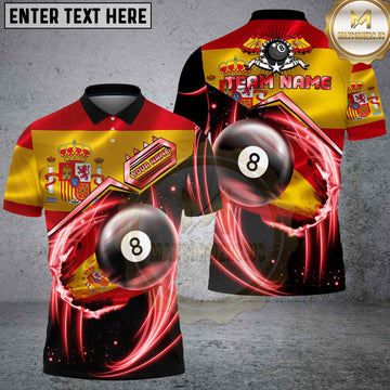 Maxcorners Billiards Spain Flag 8 Ball Fire Red Energy Swirl Personalized Name 3D Unisex Shirt