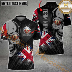 Maxcorners Skull UK Flag 8-Ball Billiard Jersey Customized Name, Team Name 3D Polo Shirt