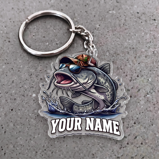 Maxcorners Catfish Fishing Sunglasses And Camo Hat Personalized Name 3D Keychain And Ornament