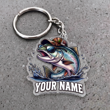 Maxcorners Salmon Fishing Sunglasses And Camo Hat Personalized Name 3D Keychain And Ornament