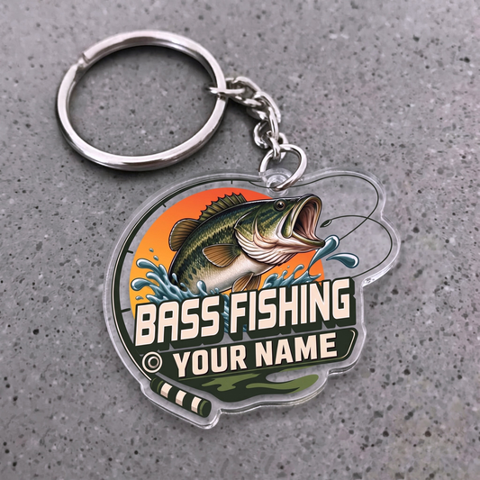 Maxcorners Largemouth Bass Fishing Sunset Rod Badge Personalized Name 3D Keychain And Ornament