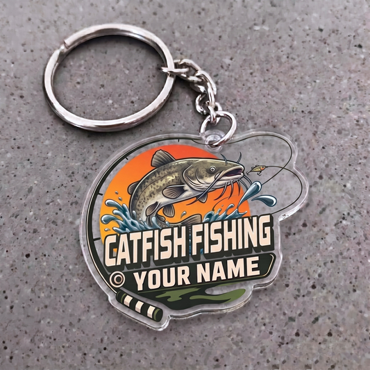 Maxcorners Catfish Fishing Sunset Rod Badge Personalized Name 3D Keychain And Ornament