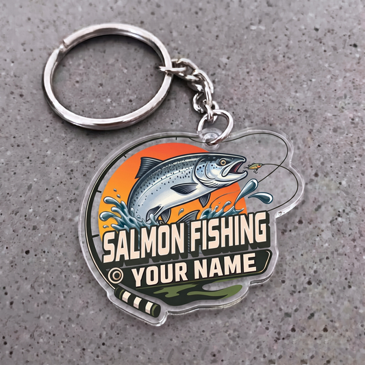 Maxcorners Salmon Fishing Sunset Rod Badge Personalized Name 3D Keychain And Ornament