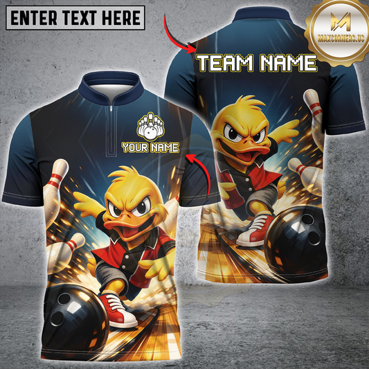 Maxcorners Personalized Funny Duck Bowling Team Shirt for Men Bowling League Uniform Polo & 1/4-Zip LM0901