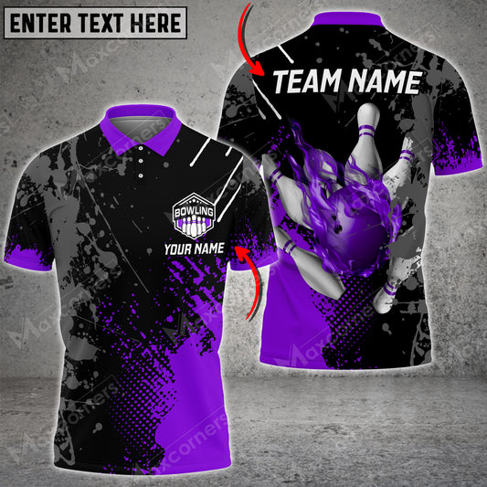 Maxcorners Bowling & Pins Paint Fire Multicolor Option Customized Name, Team Name 3D Polo Shirt (4 Colors)