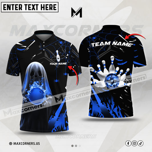 Maxcorners Bowling Halloween Ball Flame Multicolor Option Customized Name, Team Name 3D Polo Shirt (6 Colors)