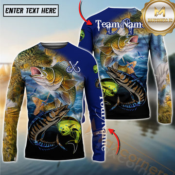 Maxcorners Ocean & Lake Fishing Personalized Name, Team Name 3D Long Sleeve Shirt (Large Mouth Bass, Walleye, Trout, Crappie, Catfish, Pike