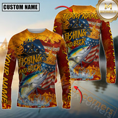 Maxcorners Tuna Fishing Beer Bottles & American Flag Design Sun Protection Personalized Name, Team Name 3D Long Sleeve Shirt
