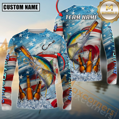 Maxcorners Tuna Fishing Beer & Usa Flag Graphic  Sun Protection Personalized Name, Team Name 3D Long Sleeve Shirt