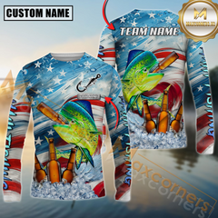 Maxcorners Mahi-Mahi Fishing Beer & Usa Flag Graphic  Sun Protection Personalized Name, Team Name 3D Long Sleeve Shirt