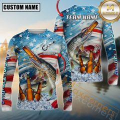 Maxcorners Musky Fishing Beer & Usa Flag Graphic  Sun Protection Personalized Name, Team Name 3D Long Sleeve Shirt