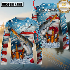 Maxcorners Salmon Fishing Beer & Usa Flag Graphic  Sun Protection Personalized Name, Team Name 3D Long Sleeve Shirt