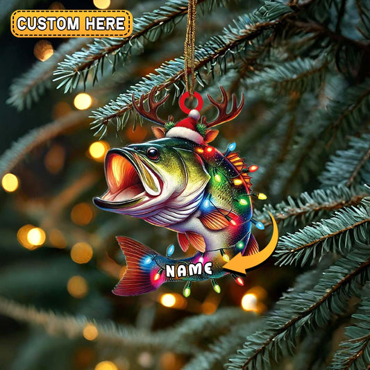 Maxcorners Personalized Bass Fishing with Antlers and Lights Christmas 3D Ornament, Custom Holiday Tree Decor, Perfect Gift for Fishermen