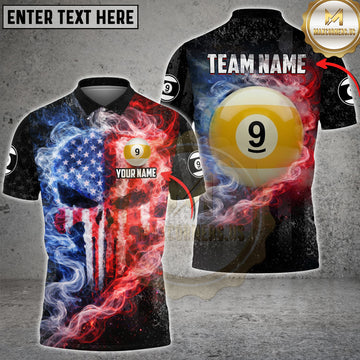 Maxcorners Billiards 9 Ball American Flag Smoke Fire Personalized Name, Team Name 3D Shirt