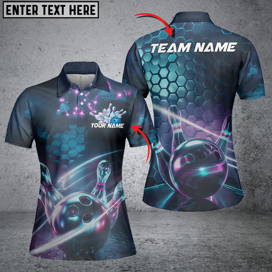 Maxcorners Custom Hexagon Holographic Bowling Team Men Polo Shirts, Galaxy Bowling League Shirt For Women