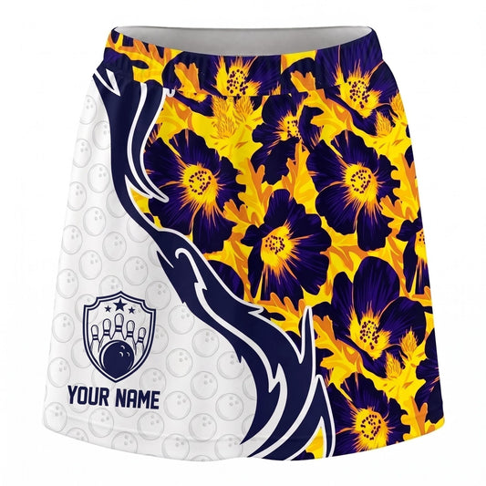 Maxcorners Bowling Yellow Floral Navy Swirl Personalized 3D Skirts With Shorts