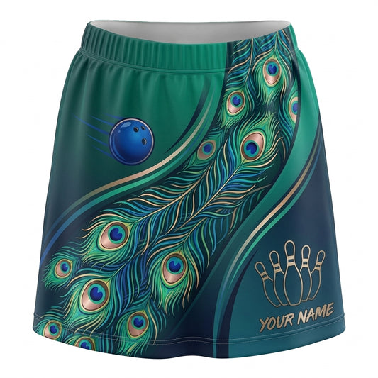 Maxcorners Bowling Teal Peacock Feather Personalized 3D Skirts With Shorts