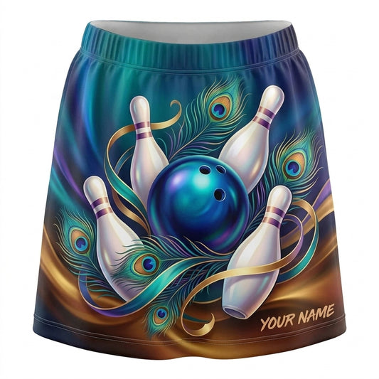 Maxcorners Bowling Peacock Feather Ribbon Personalized 3D Skirts With Shorts