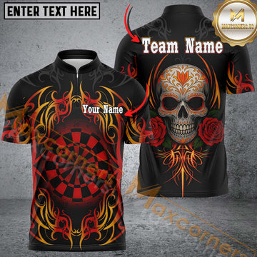 Maxcorners Men's Custom Darts Shirt With Roses Skull Polynesian Pattern And Red Dartboard LM1605