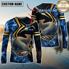 Maxcorners Fishing Blue Ocean Wave & Gold Geometric Personalized Name, Team Name 3D Long Sleeve Shirt (Large Mouth Bass, Walleye, Trout, Crappie, Catfish, Pike)