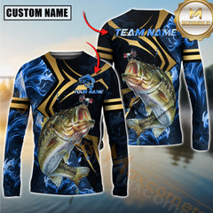 Maxcorners Fishing Blue Ocean Wave & Gold Geometric Personalized Name, Team Name 3D Long Sleeve Shirt (Large Mouth Bass, Walleye, Trout, Crappie, Catfish, Pike)