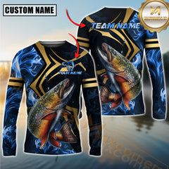 Maxcorners Fishing Blue Ocean Wave & Gold Geometric Personalized Name, Team Name 3D Long Sleeve Shirt (Large Mouth Bass, Walleye, Trout, Crappie, Catfish, Pike)