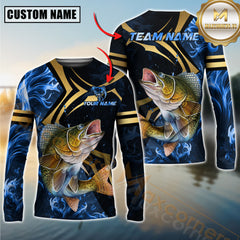 Maxcorners Fishing Blue Ocean Wave & Gold Geometric Personalized Name, Team Name 3D Long Sleeve Shirt (Large Mouth Bass, Walleye, Trout, Crappie, Catfish, Pike)