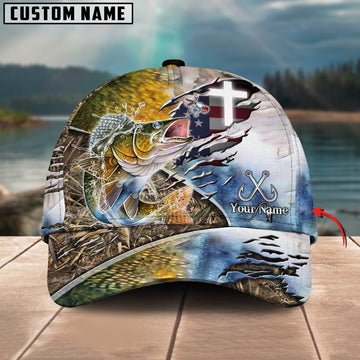 Maxcorners Walleye Fishing American Flag & Cross Design With Camo Detail Multicolor Personalized Name 3D Cap