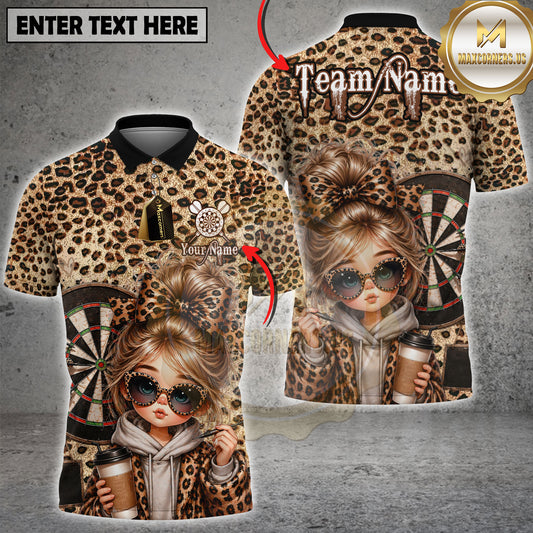 Maxcorners Leopard Print Dart Cute Girl Glasses Coffee Style Personalized Name, Team Name 3D Shirt
