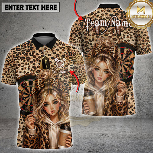 Maxcorners Leopard Print Dart Girl Puppy Coffee Style Personalized Name, Team Name 3D Shirt