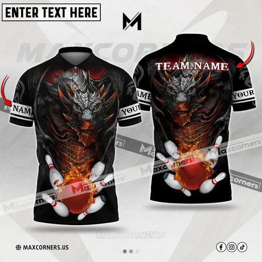 Maxcorners Bowling Ball And Pins Dragon Fire Flame Multicolor Option Customized Name, Team Name 3D Shirt (4 colors)