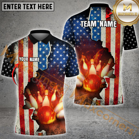 Maxcorners Us Flag Ball Flame Bowling Jersey Customized Name, Team Name 3D Polo Shirt