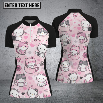 Maxcorners Custom Kitty Cup Stand Collar Zipper Polo Shirts For Women for Norma Gaddison