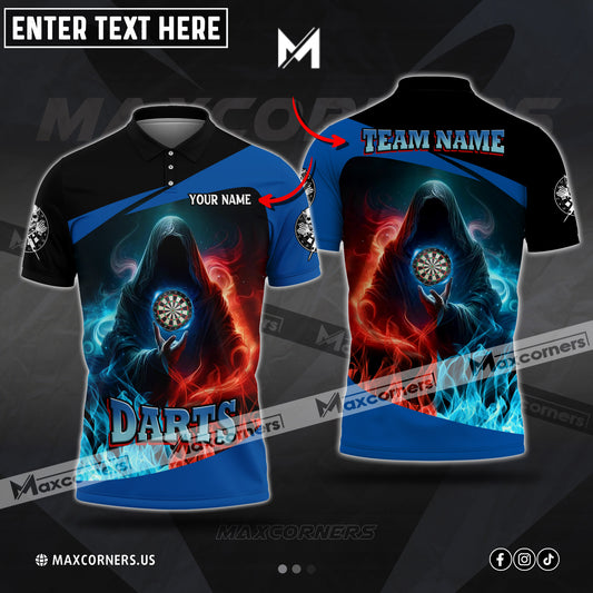 Maxcorners Darts Skull Water And Fire Flame Multicolor Option Customized Name, Team Name 3D Polo Shirt (4 Colors)