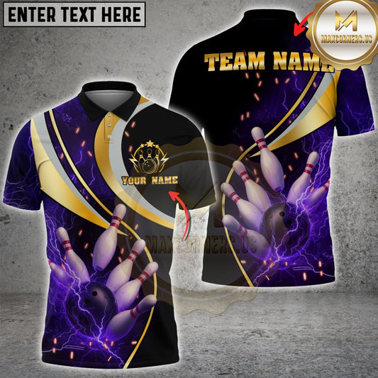 Maxcorners Bowling Lightning Gold Curve Pins Multicolor Customized Name, Team Name 3D Shirts
