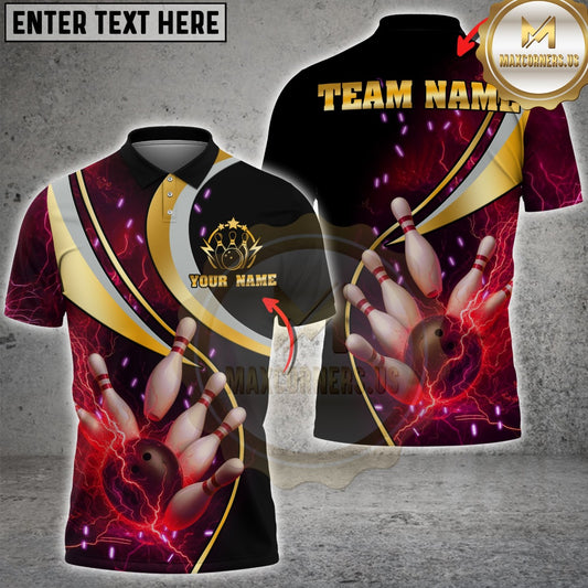 Maxcorners Bowling Lightning Gold Curve Pins Multicolor Customized Name, Team Name 3D Shirts