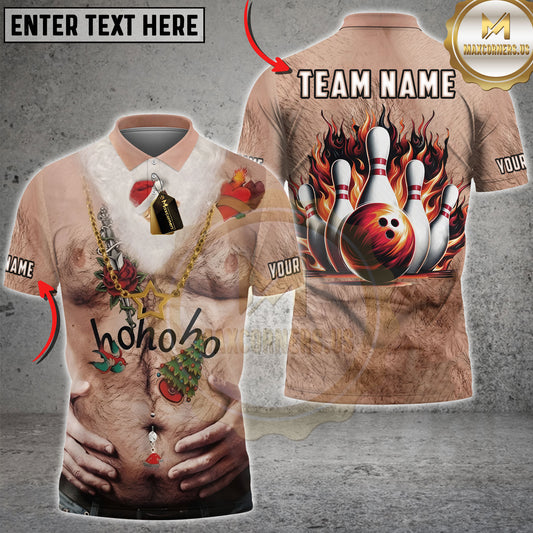 Maxcorners Bowling Funny Hairy Chest Santa Hohoho And Flaming Bowling Ball Pins Personalized Name 3D Unisex Shirt