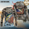Maxcorners Patriotic Fishing Camo Personalized Name, Team Name 3D Long Sleeve Shirt (Mahi-mahi, Tuna, Chinook, Marlin, Striped Bass, Salmon)