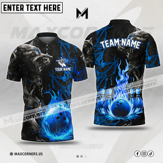 Maxcorners Bowling & Pins Wolfs Flame Fire Multicolor Option Customized Name, Team Name 3D Polo Shirt (4 Colors)