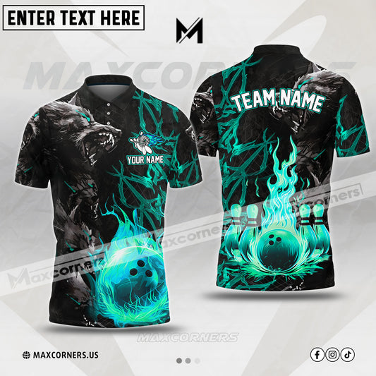 Maxcorners Bowling & Pins Wolfs Flame Fire Multicolor Option Customized Name, Team Name 3D Polo Shirt (4 Colors)