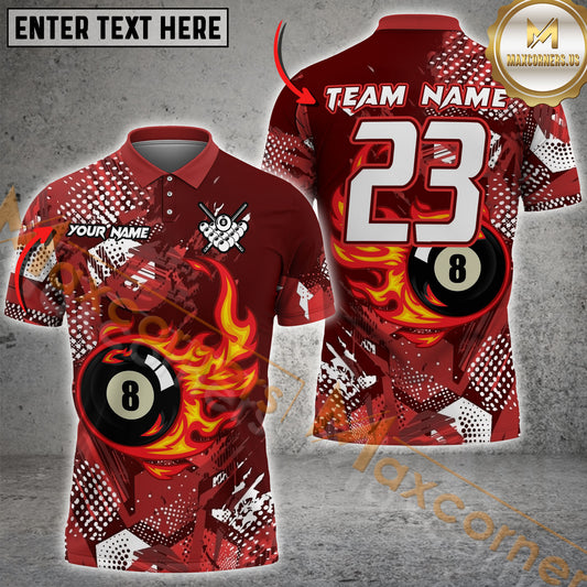 Maxcorners Ball 8 Flame Billiard Jersey Multicolor Options Personalized Name, Team Name 3D Polo Shirt (4 Colors)