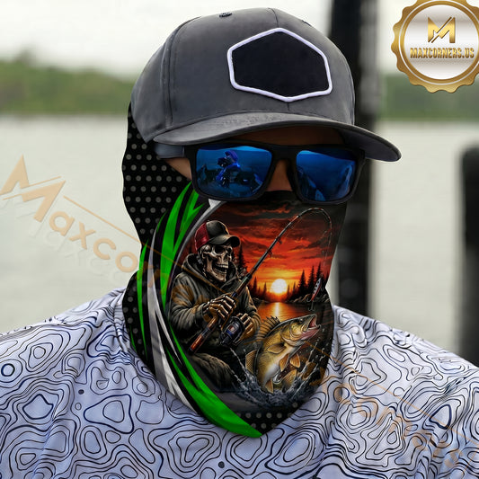 Maxcorners Fishing Skull Angler Green Wave 3D Neck Gaiter (9 Fish Species)