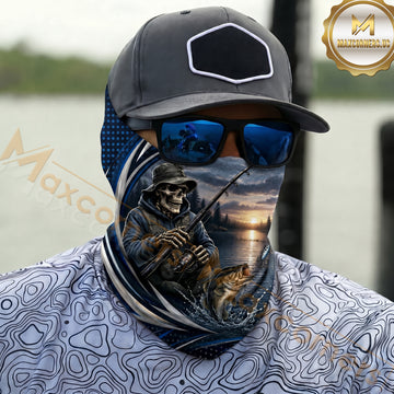 Maxcorners Fishing Skull Angler Blue Wave 3D Neck Gaiter (9 Fish Species)