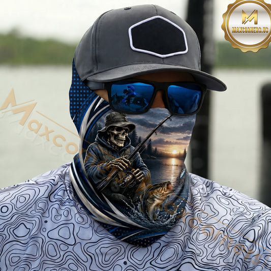 Maxcorners Fishing Skull Angler Blue Wave 3D Neck Gaiter (9 Fish Species)